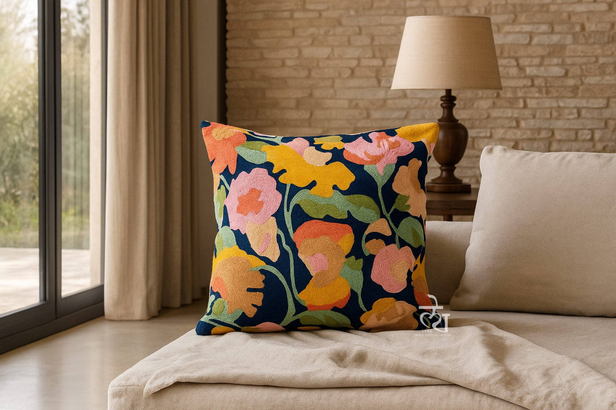 Sapphire Bloom Cushion Cover
